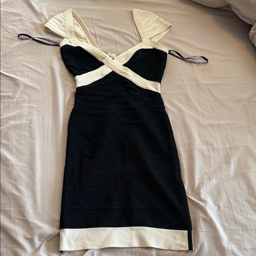 Herve Leger Black and Cream Mini Dress